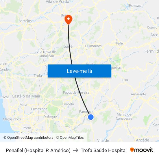 Penafiel (Hospital P. Américo) to Trofa Saúde Hospital map