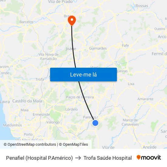Penafiel (Hospital P.Américo) to Trofa Saúde Hospital map
