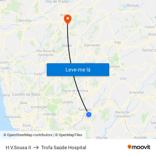 H.V.Sousa II to Trofa Saúde Hospital map