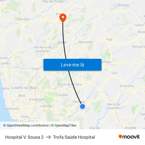 Hospital V. Sousa 2 to Trofa Saúde Hospital map