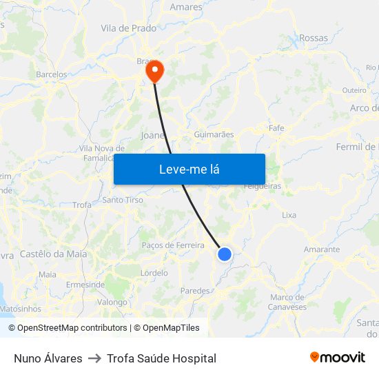 Vila Nova to Trofa Saúde Hospital map