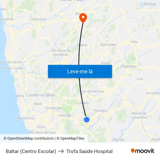 Baltar (Centro Escolar) to Trofa Saúde Hospital map