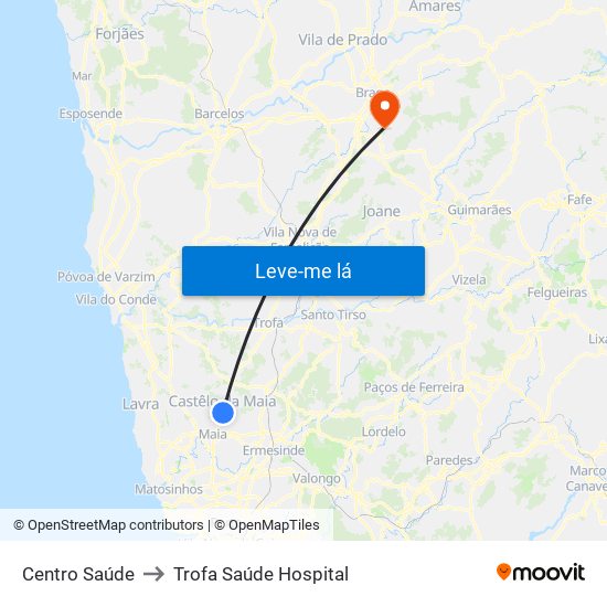 Centro Saúde to Trofa Saúde Hospital map