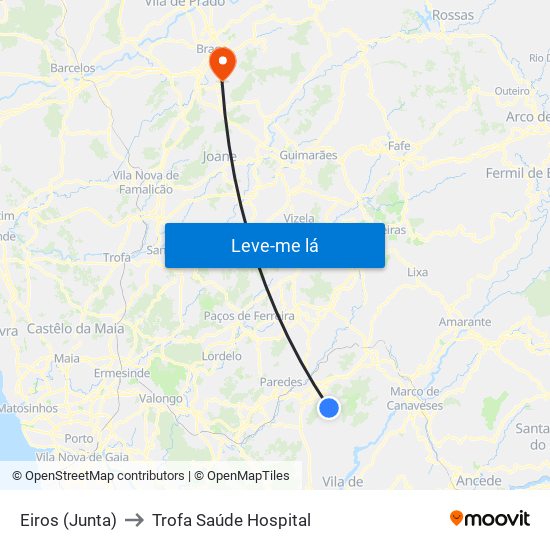 Eiros (Junta) to Trofa Saúde Hospital map