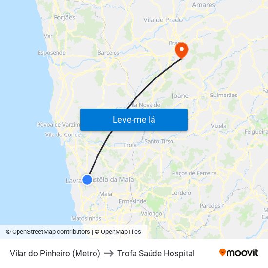 Vilar do Pinheiro (Metro) to Trofa Saúde Hospital map