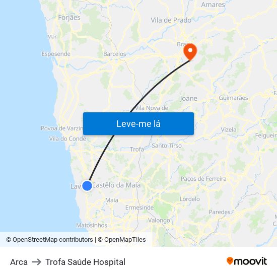 Arca to Trofa Saúde Hospital map