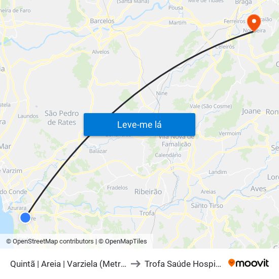 Quintã | Areia | Varziela (Metro) to Trofa Saúde Hospital map