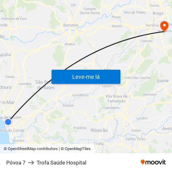 Póvoa 7 to Trofa Saúde Hospital map