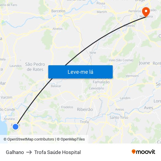 Galhano to Trofa Saúde Hospital map