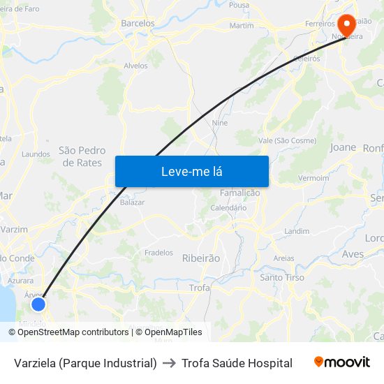 Varziela (Parque Industrial) to Trofa Saúde Hospital map