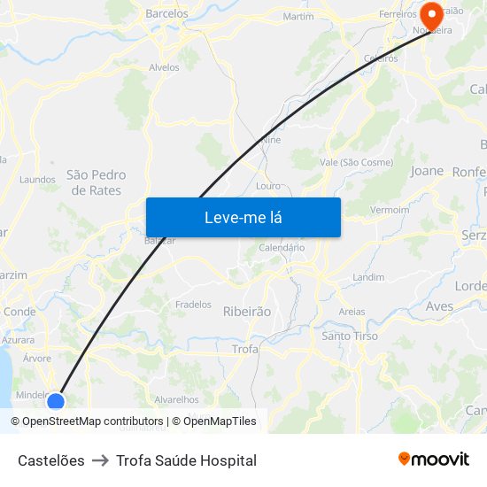 Castelões to Trofa Saúde Hospital map