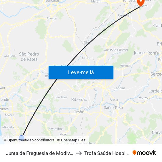 Junta de Freguesia de Modivas to Trofa Saúde Hospital map