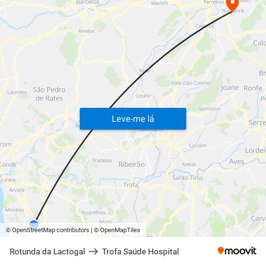 Rotunda da Lactogal to Trofa Saúde Hospital map