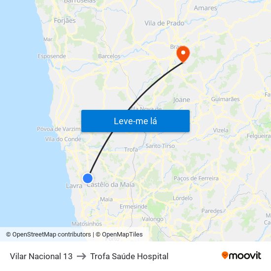 Vilar Nacional 13 to Trofa Saúde Hospital map