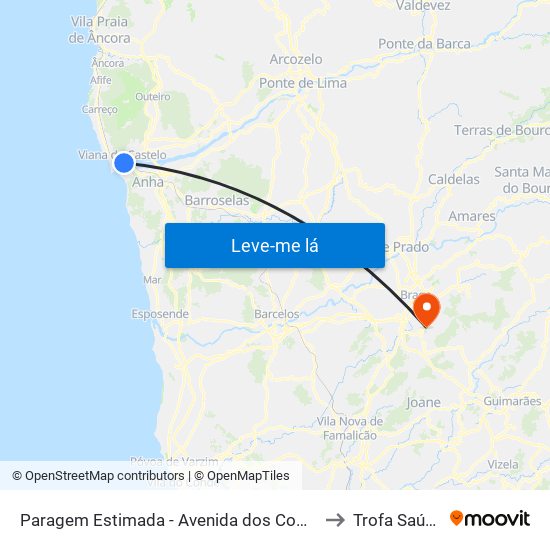 Paragem Estimada - Avenida dos Combatentes da Grande Guerra, 200 to Trofa Saúde Hospital map