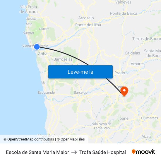 Escola de Santa Maria Maior to Trofa Saúde Hospital map