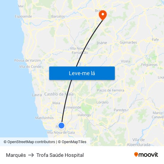 Marquês to Trofa Saúde Hospital map