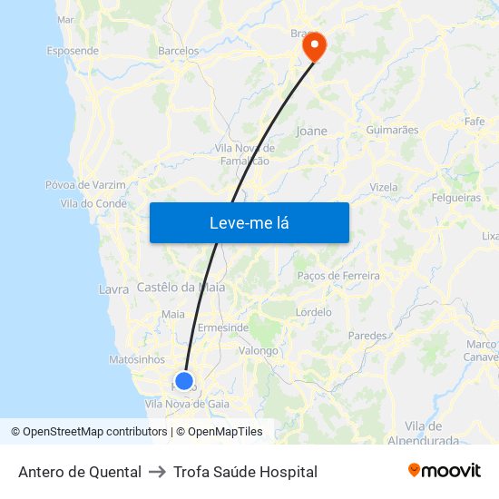 Antero de Quental to Trofa Saúde Hospital map