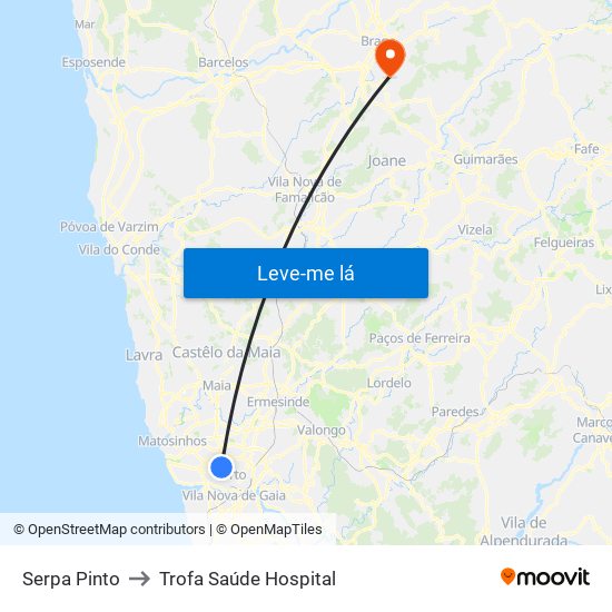 Serpa Pinto to Trofa Saúde Hospital map