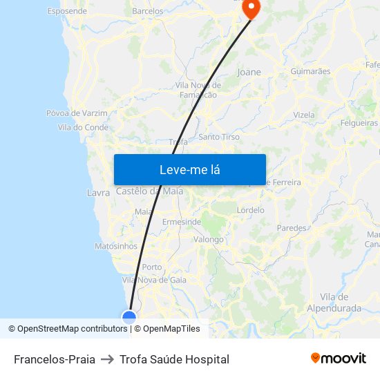 Francelos-Praia to Trofa Saúde Hospital map