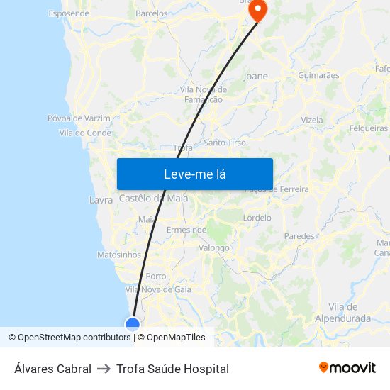 Álvares Cabral to Trofa Saúde Hospital map