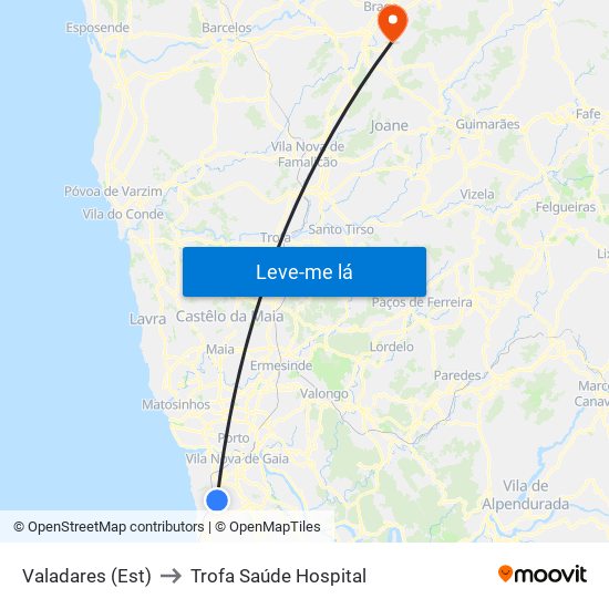 Valadares (Est) to Trofa Saúde Hospital map