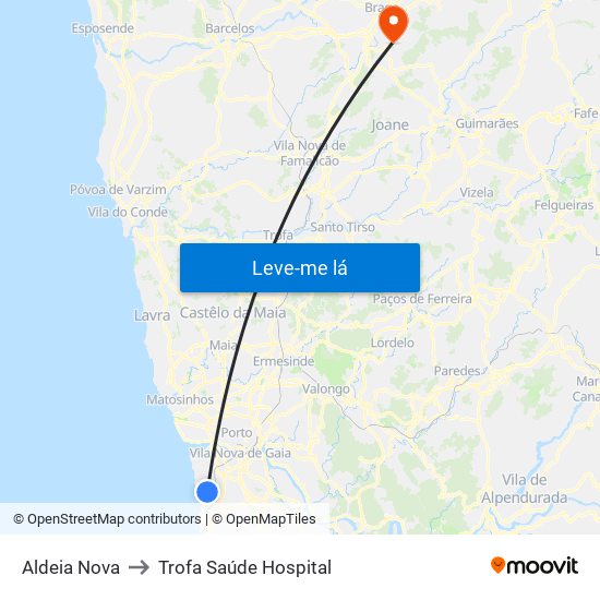 Aldeia Nova to Trofa Saúde Hospital map