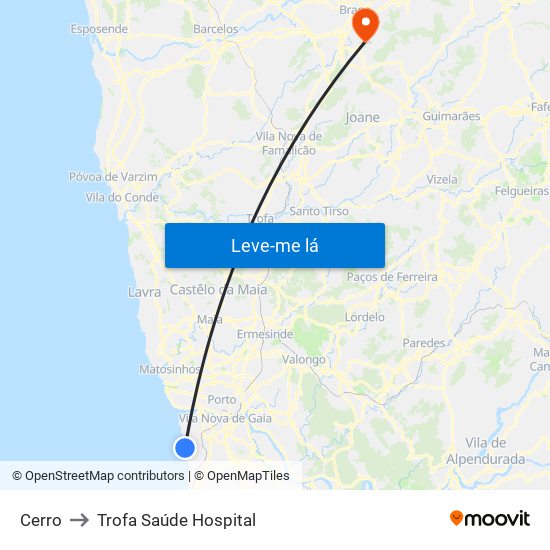 Cerro to Trofa Saúde Hospital map