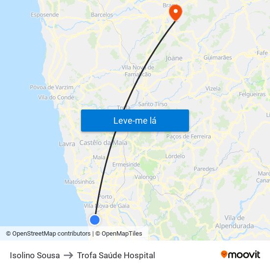 Isolino Sousa to Trofa Saúde Hospital map