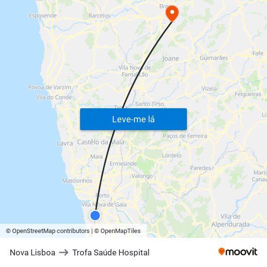 Nova Lisboa to Trofa Saúde Hospital map