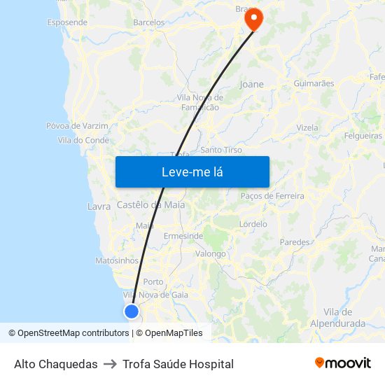 Alto Chaquedas to Trofa Saúde Hospital map
