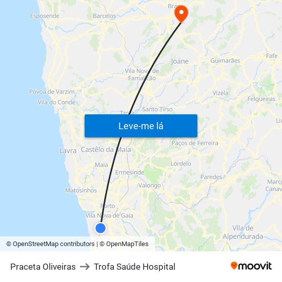 Praceta Oliveiras to Trofa Saúde Hospital map