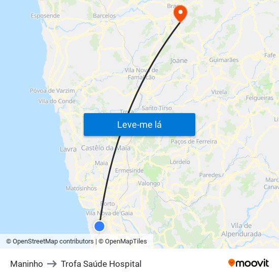 Maninho to Trofa Saúde Hospital map