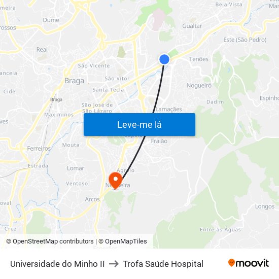 Universidade do Minho II to Trofa Saúde Hospital map