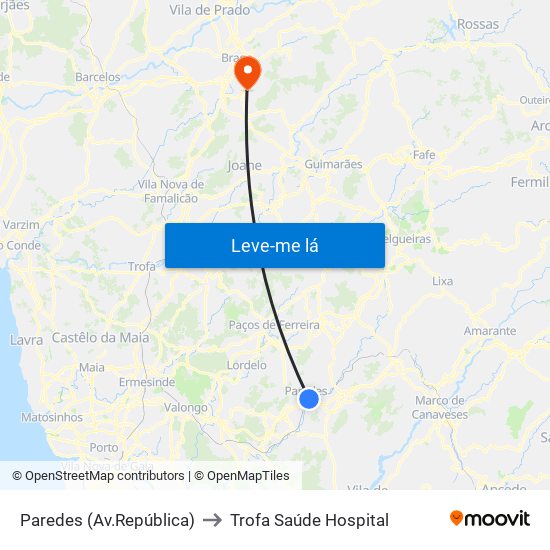 Paredes (Av.República) to Trofa Saúde Hospital map