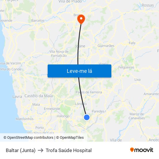 Baltar (Junta) to Trofa Saúde Hospital map