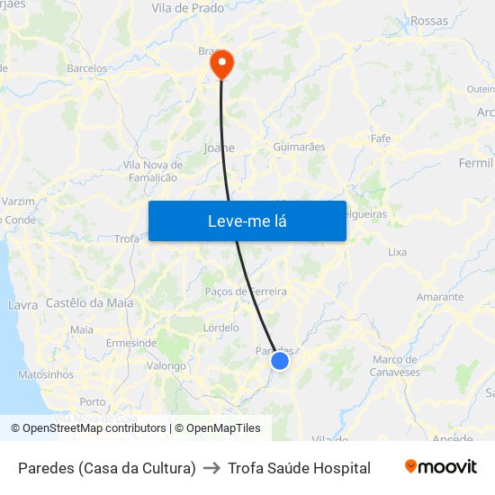 Paredes (Casa da Cultura) to Trofa Saúde Hospital map