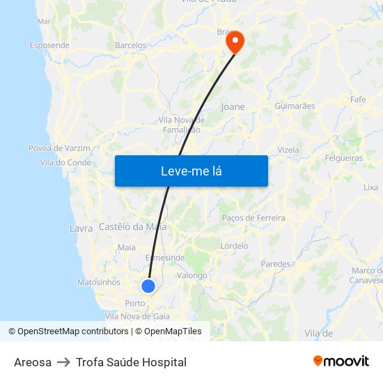Areosa to Trofa Saúde Hospital map