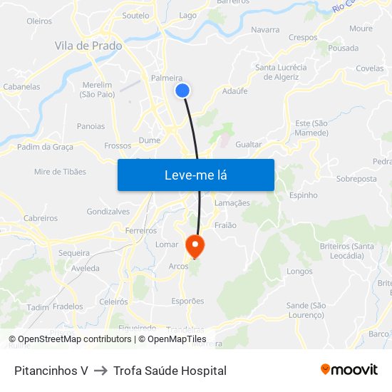 Pitancinhos V to Trofa Saúde Hospital map