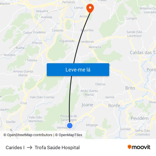 Carides I to Trofa Saúde Hospital map