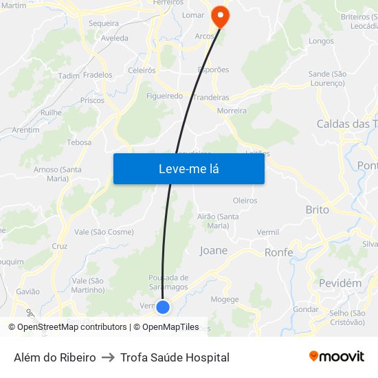 Além do Ribeiro to Trofa Saúde Hospital map
