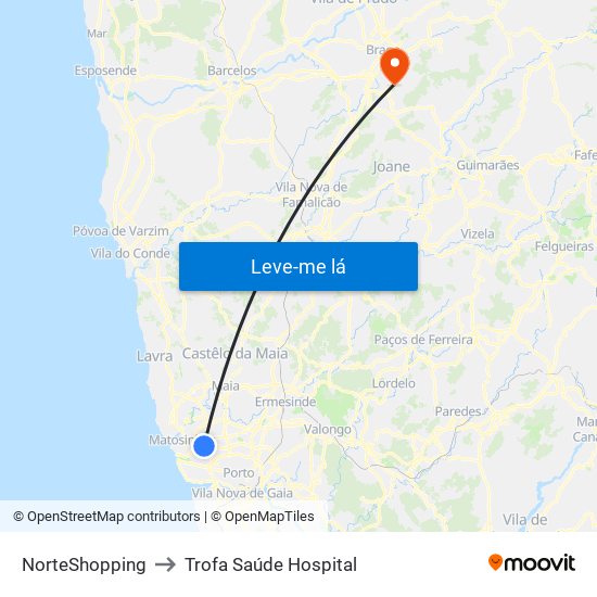 NorteShopping to Trofa Saúde Hospital map