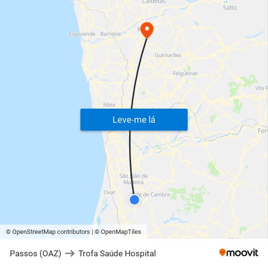 Passos (OAZ) to Trofa Saúde Hospital map