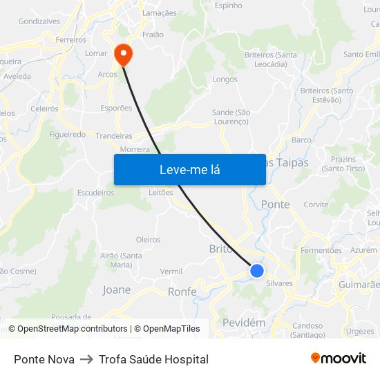 Ponte Nova to Trofa Saúde Hospital map