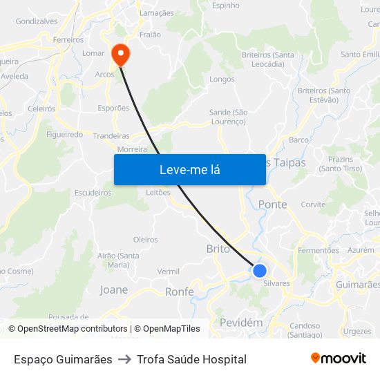 Espaço Guimarães to Trofa Saúde Hospital map