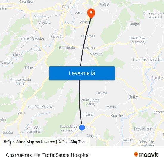 Charrueiras to Trofa Saúde Hospital map