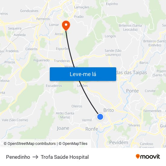 Penedinho to Trofa Saúde Hospital map