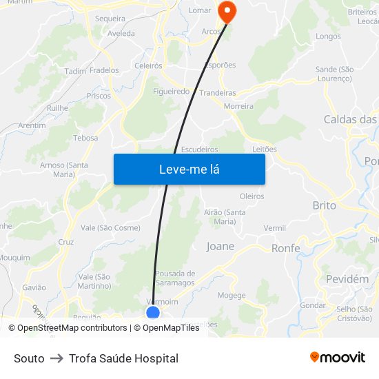 Souto to Trofa Saúde Hospital map