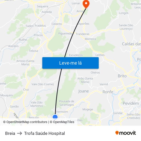 Breia to Trofa Saúde Hospital map