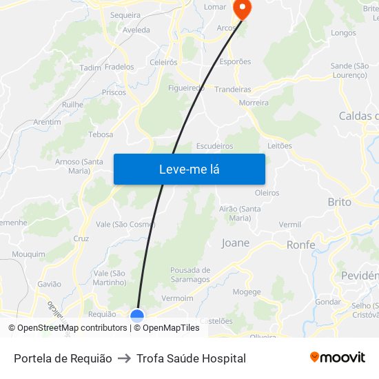 Portela de Requião to Trofa Saúde Hospital map